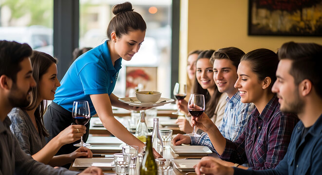 A young waitress in a blue polo shirt serves a delicious bowl of food to a group of happy friends enjoying red wine at a cozy restaurant table setup.