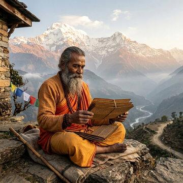 Indian Sadhu reading ancient vedic scriptures with Himalayan mountain peaks in the background