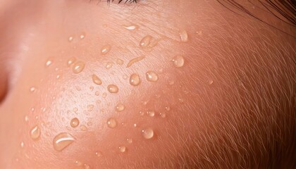 Fototapeta premium Close-up of a sweaty forehead with water droplets glistening on skin.