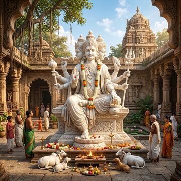 Devotees praying to a grand marble statue of Lord Dattatreya in a temple courtyard