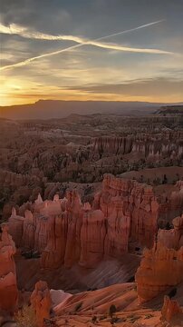 sunset over bryce canyon national park amphitheater with orange hoodoos high angle view