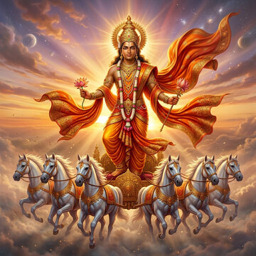 Lord Surya standing in his celestial golden chariot pulled by seven white horses