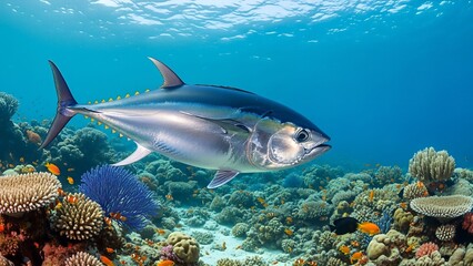 Fototapeta premium A large tuna fish swims gracefully through a vibrant coral reef ecosystem in the clear blue ocean water.