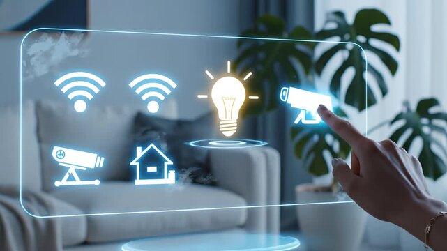 Hand interacting with smart home interface for tech concepts, digital marketing, and futuristic projects