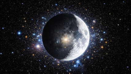 Fototapeta premium Cinematic crescent moon and planet in deep space: Vibrant galaxy background with glowing stars and nebulae