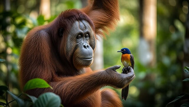 A gentle orangutan holding a small bird in its hand, surrounded by lush green jungle foliage.