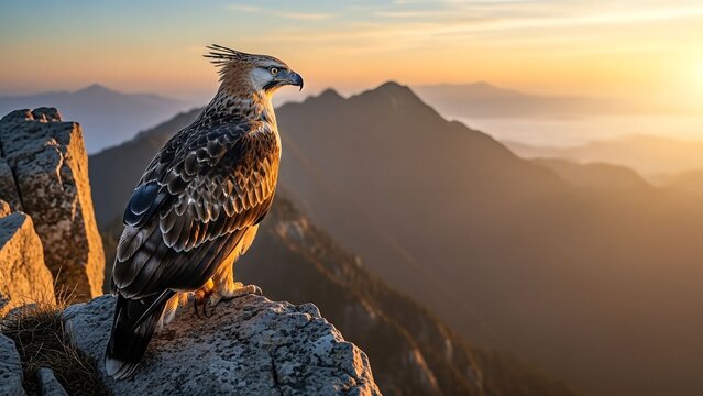 Majestic eagle perched on a rocky mountain peak at sunrise, surveying the vast landscape below.