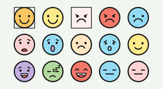 Funny colorful Easter eggs with smiley cartoon faces showing different emotions