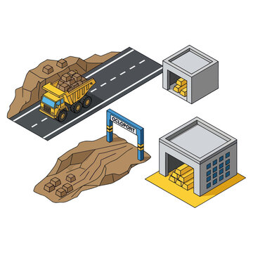 Quarry Site with Dump Truck and Buildings.