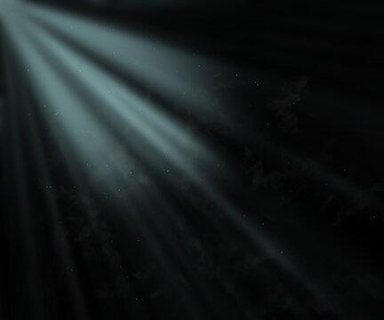 od rays light beams through fog on dark background, sunlight rays overlay