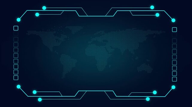 Futuristic digital world map interface with neon circuit border and glowing dots technology. Digital world map interface concept for network visuals. Digital world map interface glowing nodes.