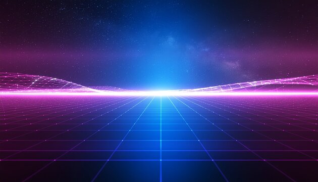 A hyper-speed futuristic virtual grid pulses with glowing purple and blue lines, radiating dynamic energy, creating a mesmerizing digital landscape that evokes speed, technology, innovation, and the l