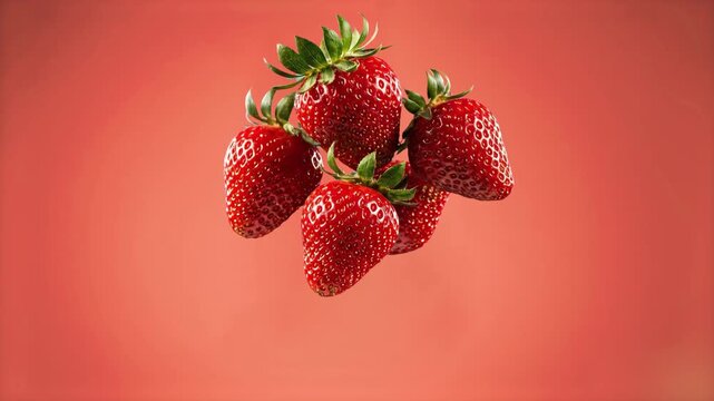 A group of ripe red strawberries with green leaves floating and spinning smoothly. The realistic 3D render is isolated on a warm orange background, ideal for bright and cheerful advertising concepts.