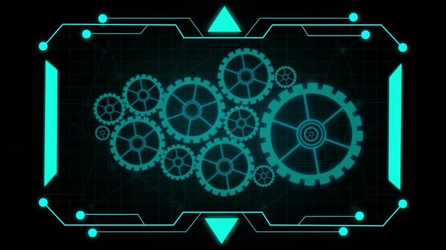 Cyan futuristic HUD frame with interlocking gears on dark grid background interface. Cyan HUD frame concept for interface visuals. Cyan HUD frame mechanical gears for process and system.