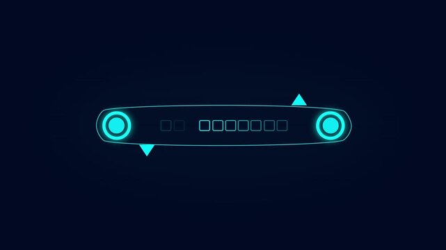 Futuristic cyan interface element with circular indicators and digital display on dark background. Cyan interface element control concept for system visuals.