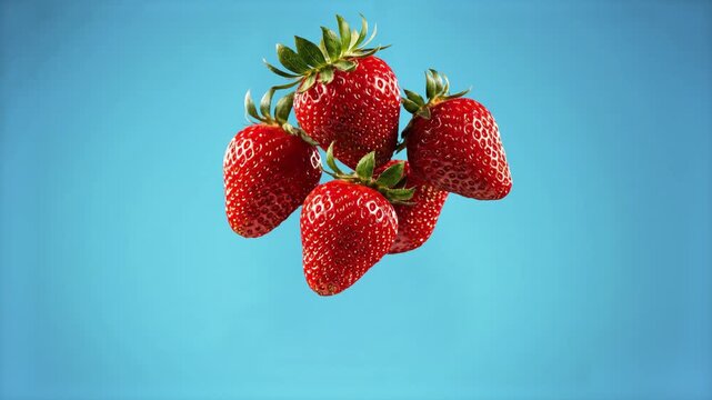 A vibrant cluster of five ripe red strawberries with green leaves floating in mid-air and slowly rotating. This realistic 3D render is set against a light, bright blue background, perfect for summer f
