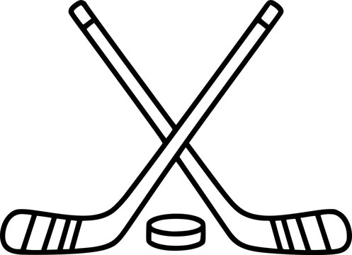 Crossed Hockey Sticks and Puck - Vector Outline Illustration
