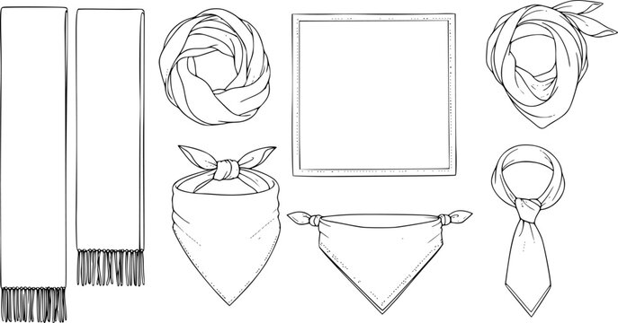 set of women's scarf flat sketch vector illustration cad mock up template

