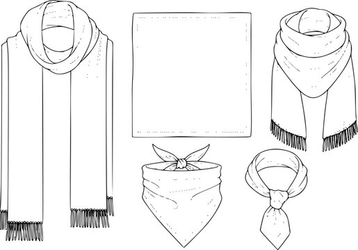 set of women's scarf flat sketch vector illustration cad mock up template
