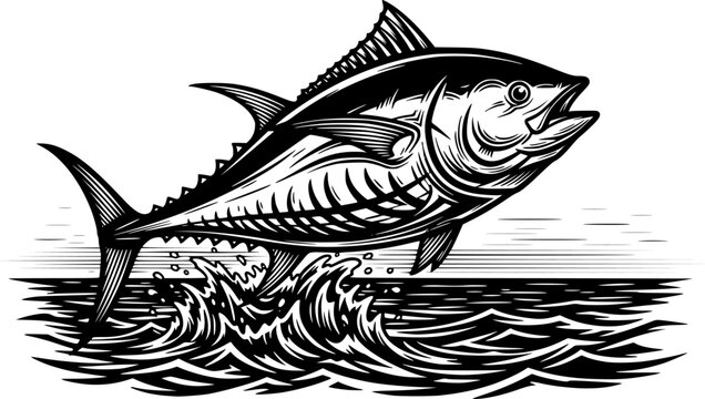 Majestic tuna fish leaps upwards in monochrome graphic illustration design
