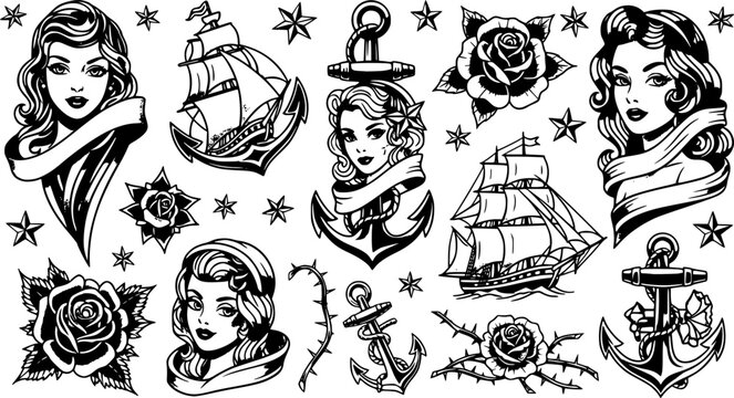 Illustration of vintage tattoo flash sheet with women, stars, ship, anchors and roses in old school style
