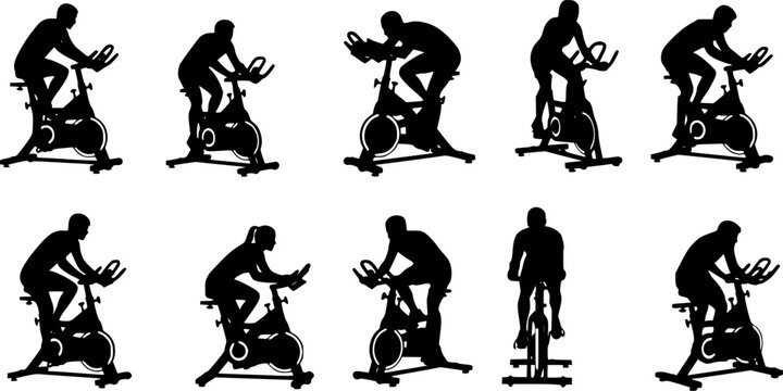 Indoor Cycling Silhouettes &ndash; Stationary Bike Workout, Spin Class Poses, Gym Cardio Training, Fitness Exercise Vector Illustration Set

