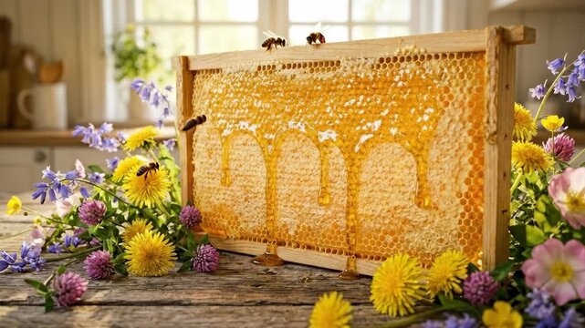 Honeycomb frame with bees resting on wooden table among spring flower. Fresh golden honey dripping from wax cells in rustic kitchen. Organic food production, nature harvest, beekeeping concept