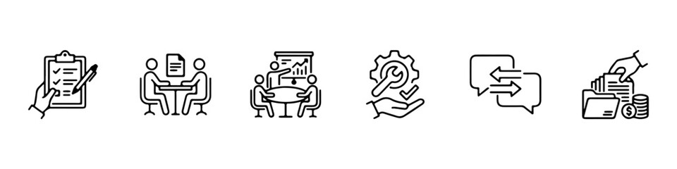 Fototapeta premium A set of thin line icons for business communication, office management, and corporate professional services.