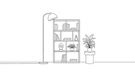 A minimalist line drawing depicts a floor lamp bookshelf with books plants and decorative objects © Shakil