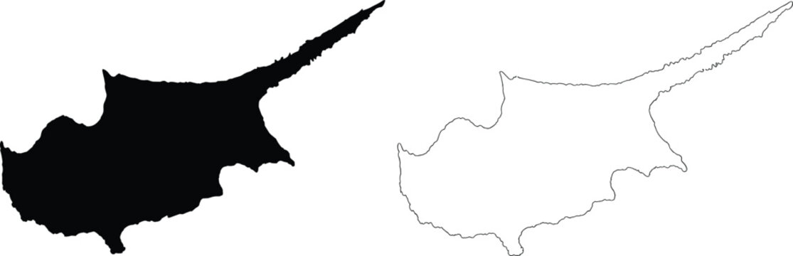 Cyprus map silhouette and outline illustration, detailed island shape vector, geographic location design, black and white cartography concept, isolated on white background
