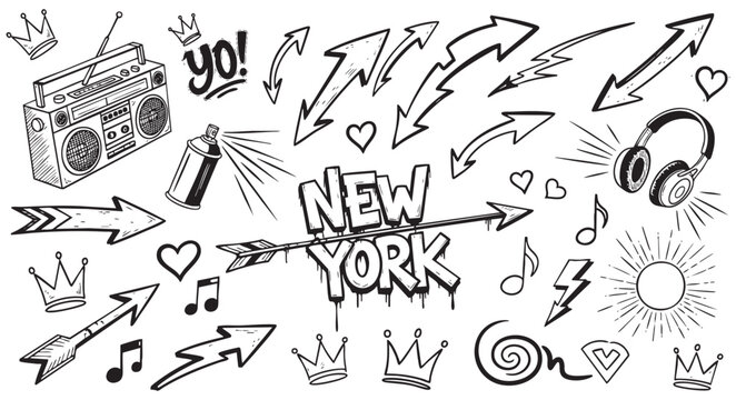 Graffiti style new york lettering with boombox and music elements