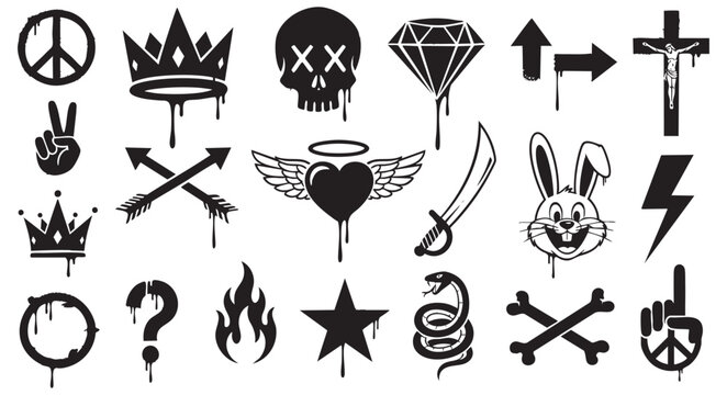 Set of black graffiti style icons and symbols isolated on white background