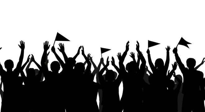 Silhouette of people waving flags high.