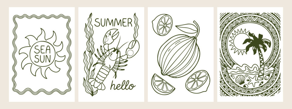 Minimal hand drawn summer seafood, Expressive brush line lobster doodle, Clean layout coastal food illustration, High negative space marine drawing, Rough sketch style citrus fruit art, Simple black l
