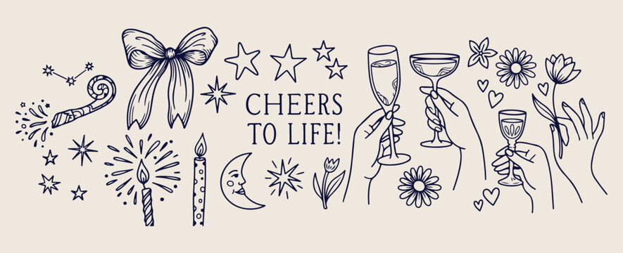 Minimal hand drawn party celebration, Expressive brush line cheers doodle, Clean layout social gathering illustration, High negative space party drawing, Rough sketch style celebration art, Simple bla