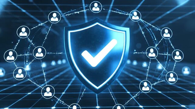 Blue shield with checkmark and network icons for commercial backgrounds, digital design, and advertising