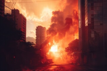 Fototapeta premium Building with fire bombing smoke bonfire architecture destruction.