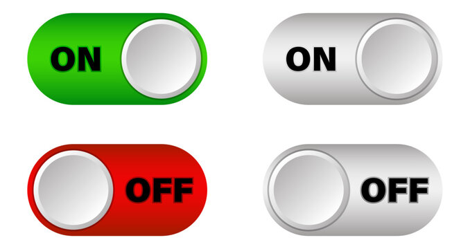 Set of 3D toggle switch icons for on and off positions. Colorful red, green, and gray sliders for web interface. Vector illustration.