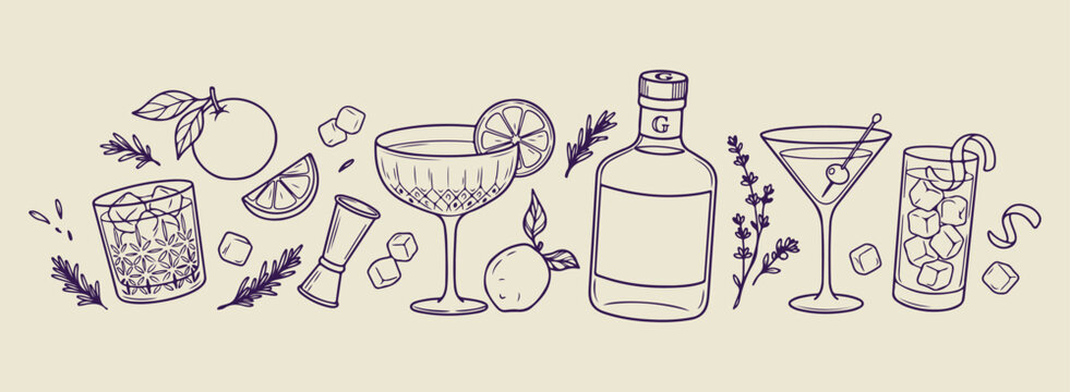 Minimal hand drawn cocktail doodle, Expressive brush line gin bottle sketch, Clean layout bar drink illustration, High negative space beverage drawing, Rough sketch style alcohol bottle art, Simple bl