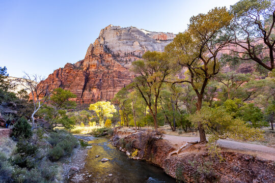 Virgin River and rock formations on sunny day