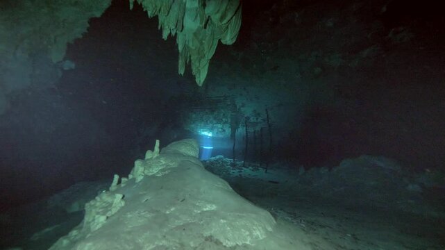 Light rays penetrate water creating beams across stalactite formations in Cenote Dos Ojos, Quintana Roo, Mexico