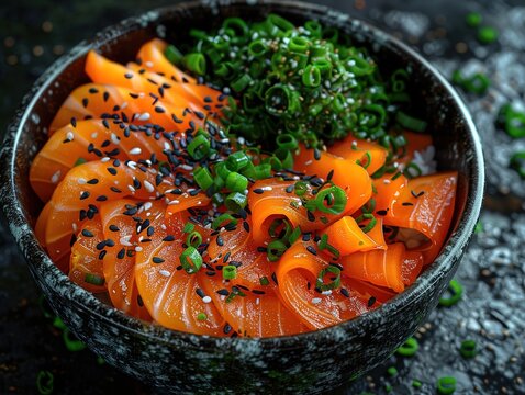A delicious bowl of sashimi salmon with seaweed and sesame seeds