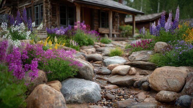 Beautiful alpine rock garden near home entrance, natural stones, ornamental flowers and greenery