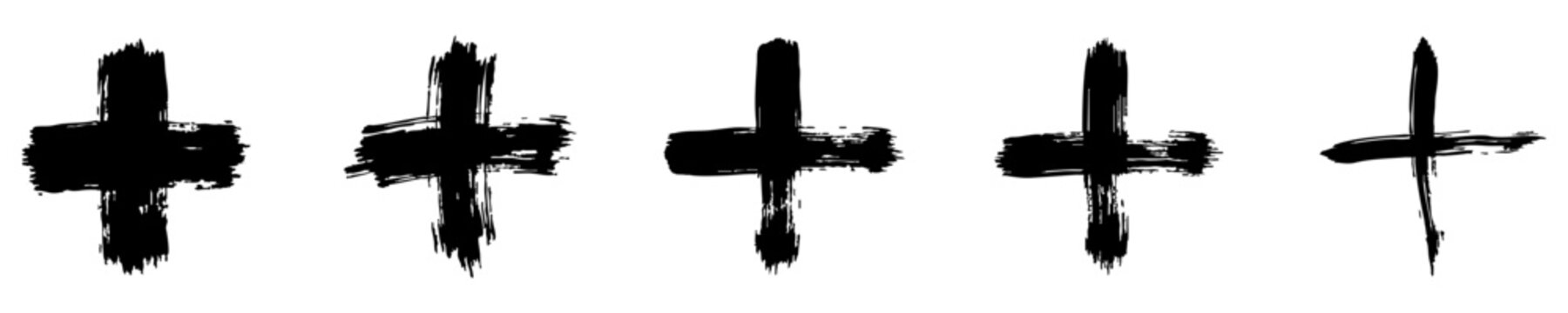 A set of plus signs or Christian crosses painted with rough brush strokes in grunge style. Collection of artistic symbols with pronounced paint texture and varying line weights. Vector illustration.