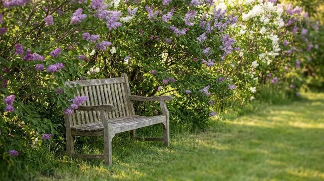 Wooden bench in spring park with blooming lilac bushes. Sunlight shining on flowering purple and white flowers in grassy