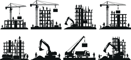 Obraz premium Detailed construction site silhouettes featuring workers and heavy machinery at work