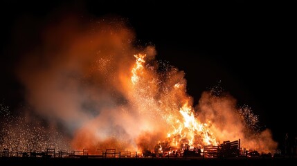 Fototapeta premium Intense Bonfire Erupting with Sparks Against Night Sky Background