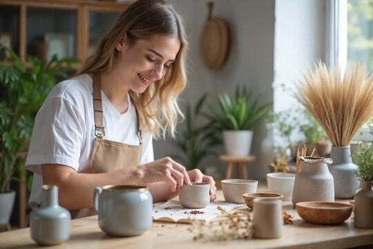 Small brand owner styling handmade products for an online shop