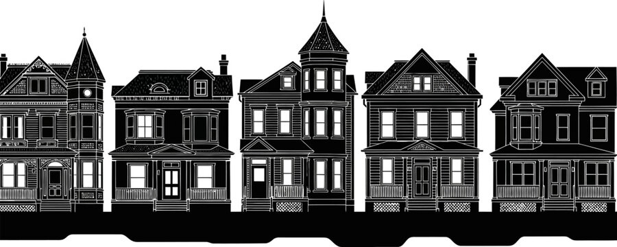 Detailed black and white vector illustration of a row of classic Victorian houses