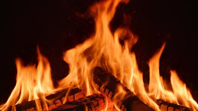 Vibrant orange flames burning on logs against a dark background